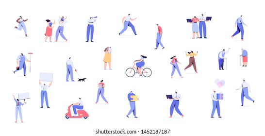 People background. Crowd of people walking on street horizontal banner. Men and women flat vector set. Different walking and running people. Male and female. Flat vector characters
