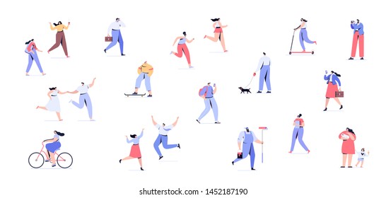 People background. Crowd of people walking on street horizontal banner. Men and women flat vector set. Different walking and running people. Male and female. Flat vector characters