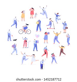 People background. Crowd of people walking on street.Men and women flat vector set. Different walking and running people. Male and female. Flat vector characters