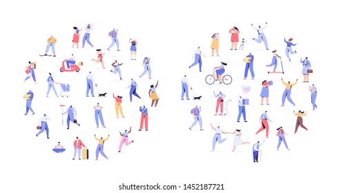 People background. Crowd of people walking on street.Men and women flat vector set. Different walking and running people. Male and female. Flat vector characters