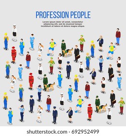 People background isometric composition of isolated human characters representing various occupations with shadows and editable text vector illustration