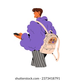 Personas con mochila, bolsos con insignias, parches caminando hacia atrás. Mujer joven sostiene un smartphone. Niña con ropa de moda, ropa de estilo urbano. Ilustración vectorial aislada plana en blanco