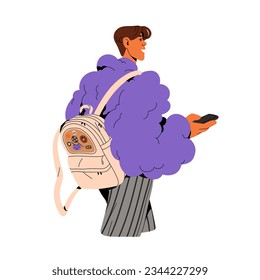 People with backpack. Fashionable modern woman in plush jacket wears bag with patches, back view. Student walking in city in casual urban style. Flat isolated vector illustration on white background.