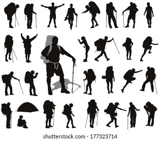 People with backpack vector silhouettes set. EPS 8