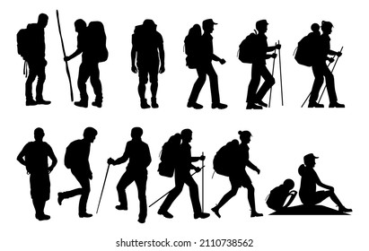 People with backpack vector silhouettes set. EPS 10.