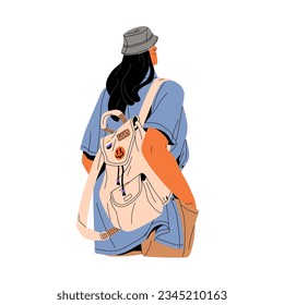 People with backpack. Young woman wearing panama, bag with patches in summer travel, casual style. Tourist walk in city in bucket hat, back view. Flat isolated vector illustration on white background