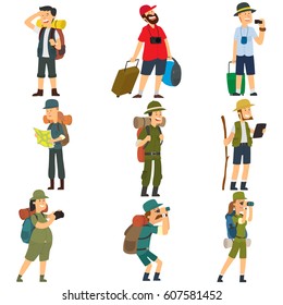 People with backpacks are hiking. Men and women in camp clothes isolated on white background. vector illustration.