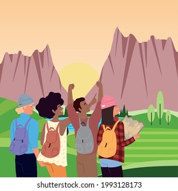 people with backpacks and map in mountains