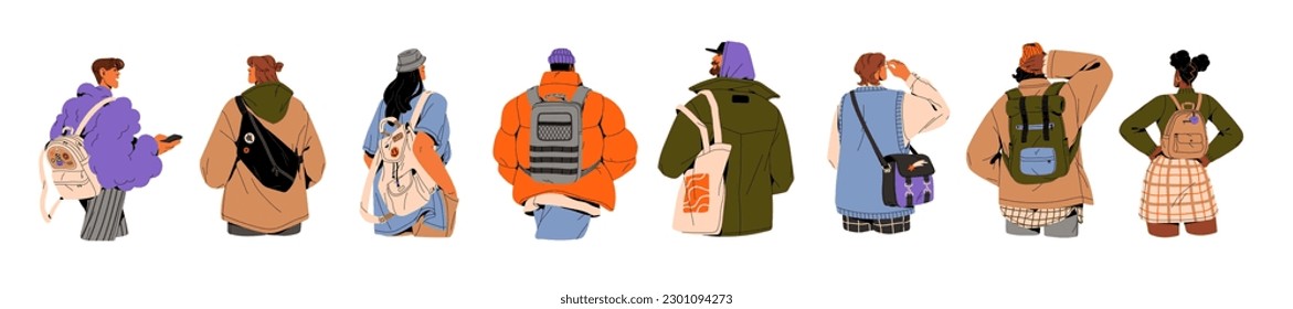 People with backpacks, tote bags, rucksacks from behind, back view. Men, women with knapsacks, purses set. Tourists and citizens backside. Flat graphic vector illustration isolated on white background