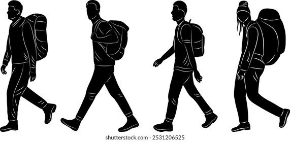 people with backpacks walking one after another, silhouette, vector