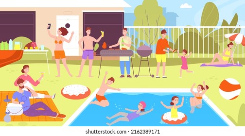 People in backyard pool. Home swimming poolside party, family enjoy summer holidays activity, garden barbecue picnic yard camping kid day time leisure, vector illustration. Summer pool area vacation