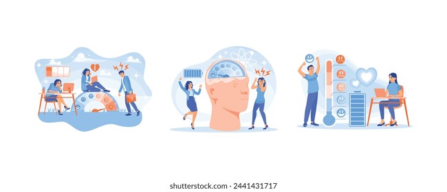 People are in a bad mood. A female employee who is stressed because she is tired at work. Good mood indicator. Stress concept. Set flat vector illustration.