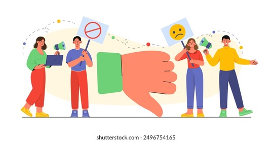 People with bad reviews. Men and women with loudspeakers near thumbs down. Unsatisfied customers and viewers. Clients with negative feedback. Flat vector illustration isolated on white background