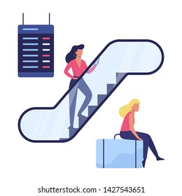 People with the bagagge in the airport concept. Idea of travel and journey. Passenger wait for departure. Woman on escalator. Vector illustration in cartoon style