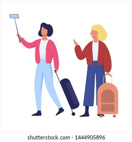 People with the bagagge in the airport. Woman make selfie. Idea of travel and journey. Passenger wait for departure. Vector illustration in cartoon style