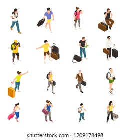 People with baggage and gadgets during travel set of isometric icons on white background isolated vector illustration