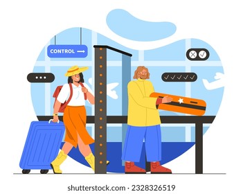 People in baggage terminal concept. Line of tourists in airport with luggages. Flight and airplane, travel destination. Holiday and vacation, tourism. Cartoon flat vector illustration