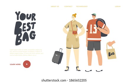 Plantilla de página de inicio de personas con bolsas. Mujer con Reticule, hombre con mochila. Maleta para vacaciones y Bolsa Eco Tote. Caracteres que viajan con maletas. Ilustración de vectores de personas lineales