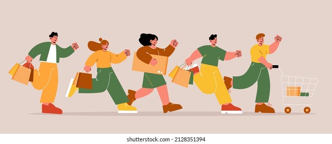 People with bags and shopping cart run. Concept of shop sale, discount in store. Vector flat illustration of crowd of excited men and women fast running, rush and hurry to purchase