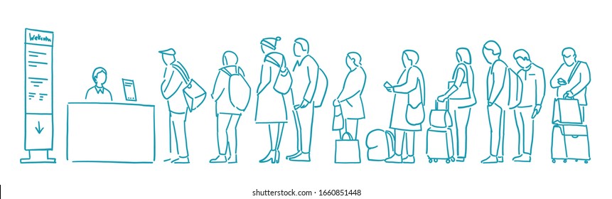 People with bags stand in line. Queue. Registration for the plane. Departure of Travelers. Contour sketch hand drawn blue line vector.