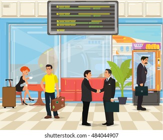 people with bags and suitcases in the airport terminal. vector illustration. 