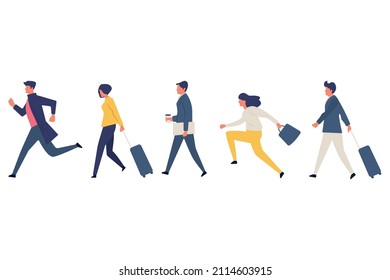 People with bags and suitcases are late for work, for the plane, running characters, men, women, bright flat illustration