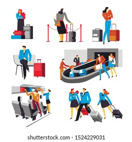 People with bags waiting for flight in airport vector. Isolated set of man and woman with baggages, passengers taking luggage from carousel. Crew of airline, pilot and stewardesses air-hostess