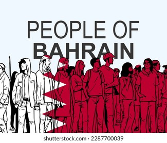 People of Bahrain with flag, silhouette of many people, banner of diversity or protest in Bahrain, group of person, society and audience concept, gathering idea
