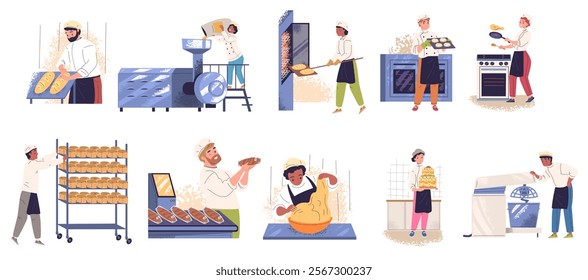 People bake bread. Professional bakers at oven baking pastries food, pastry cook bakery manufacturing chef make confectionery flour dessert process, set classy vector illustration original artwork