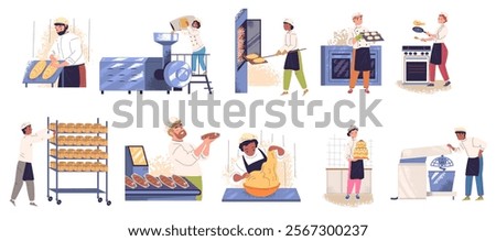 People bake bread. Professional bakers at oven baking pastries food, pastry cook bakery manufacturing chef make confectionery flour dessert process, set classy vector illustration original artwork