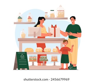 Personas en panadería. Hombre y niño comprando pasteles. Pequeño dueño de negocio vende pastel o pastel a padre con hijo. Postre y delicadeza. Ilustración vectorial plana de dibujos animados aislada sobre fondo blanco