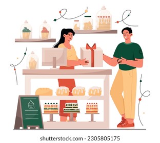 Gente en panadería. El hombre compra productos de harina, pasteles y muffins a la mujer. Comprador y vendedor, propietario de una pequeña empresa. El cliente está cerca del escaparate con producción dulce. Dibujo vectorial plano de dibujos animados