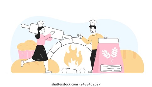 People with bakery products. Man and woman with flour and dough. Young guy and girl with cupcakes and croissants. Homemade pastry. Linear vector illustration isolated on white background