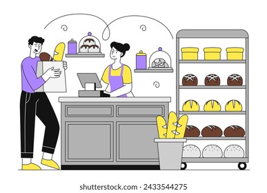 People in bakery simple. Man and woman with pastry products. Breads, croissants and baguettes. Loaf and cakes. Cafe or catering. Small business owner with client. Doodle flat vector illustration