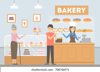 People at bakery. Visitors buying bread, cakes or pastry.