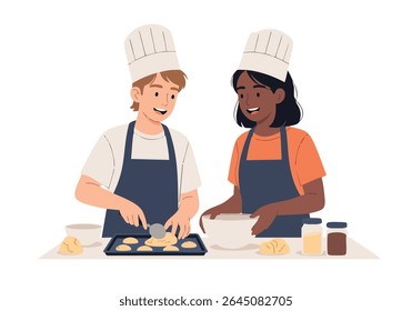 People baking cookies together wearing chef hats