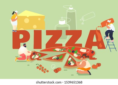 People Baking and Eating Huge Pizza. Male and Female Characters Cut with Knife, Put Ketchup and Cheese, Take Piece of Tasty Italian Food. Fast Food, Cafe, Bistro Visitors. Cartoon Vector Illustration