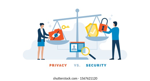 People Balancing Concepts Of Privacy And Security On A Scale, Personal Data Protection Concept