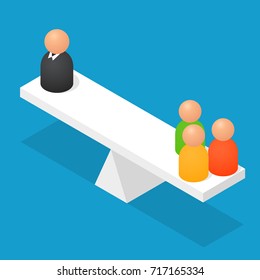 People balancing on geometric objects. Isometric view. Balance in business and work. Abstract men. Vector illustration.