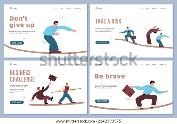 People\
balancing on tightrope as symbol of business challenge and risks,\
landing page template flat vector illustration. Web banners set\
with men in suits falling and walking on\
rope.