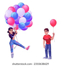 People with balloon cartoon vector illustration. Girl designer holding many baloon in hand and smile. Sad man with one fly ballon stand. Social group pose for win and lose isolated drawn design.