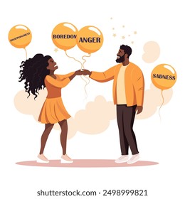 People with balloons with emotions written inside