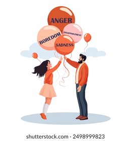 People with balloons with emotions written inside