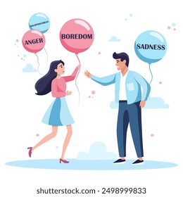 People with balloons with emotions written inside