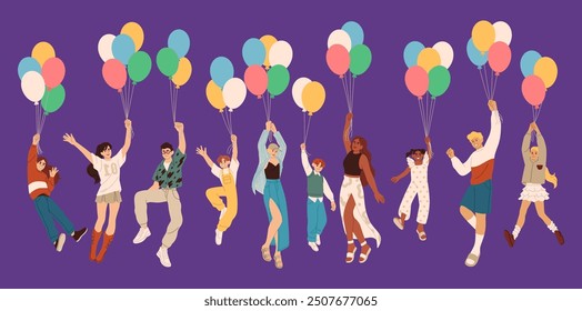 People with balloons. Happy characters flying on inflated helium balls in air. Floating men and women. Birthday party. Positive jump. Children dream celebration. Sky flight. Vector soaring persons set