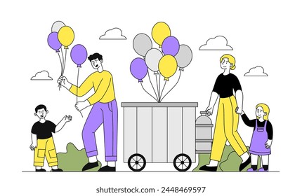 People with balloons linear. Man sells air balloons to kids and woman. Holiday and festival, celebration. Character in amusement park. Doodle flat vector illustration isolated on white background