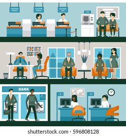 People In Bank Interior. Banking And Consulting Concept With Character Design. Vector Illustration