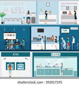 People in bank interior, Bank building exterior and interior counter desk, cashier, consulting, money currency exchange, financial services, ATM with CCTV security camera,banking vector illustration.