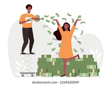 People with banknotes. Wealth and money, successful entrepreneur and investor. Rich lottery winner, financial literacy and passive income, earnings on Internet. Cartoon flat vector illustration