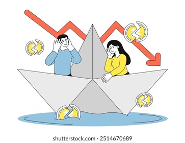 People with bankruptcy. Man and woman sailing on paper boat with falling arrow in background. Economic and financial crisis. Businesspeople with recession and inflation. Linear vector illustration